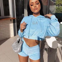 

2019 Fashion Women Blue Sexy Print Long Sleeve Hoodie Crop Top Wholesale Top