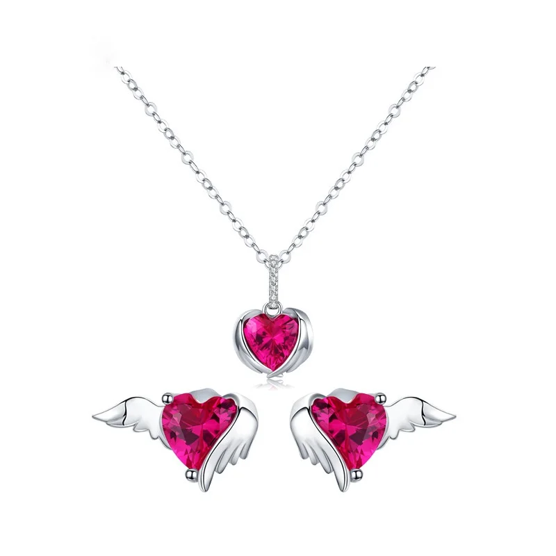 

Dainty 925 silver jewelry with red zircon angel wings heart earrings pendant necklace jewelry sets, Platinum