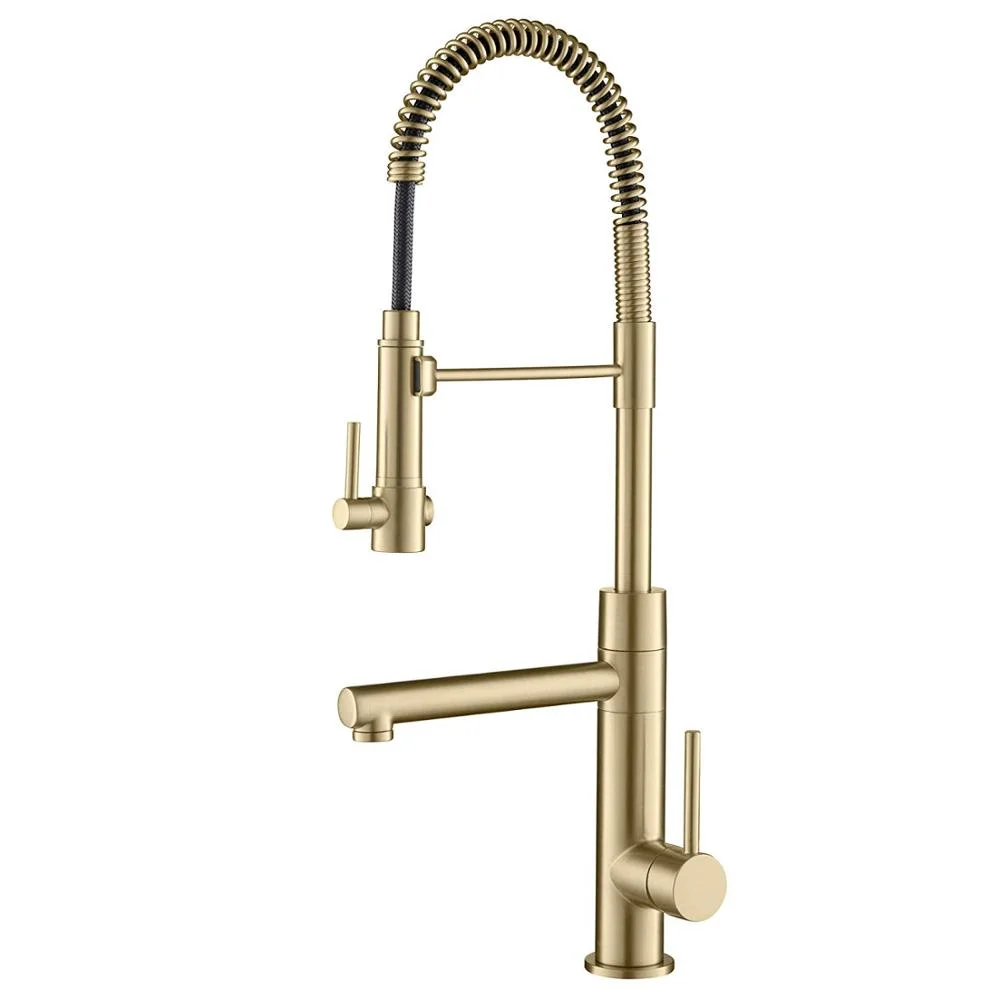 

New deck mounted brushed gold pull out kitchen faucet spring dual spout pull down mixer tap
