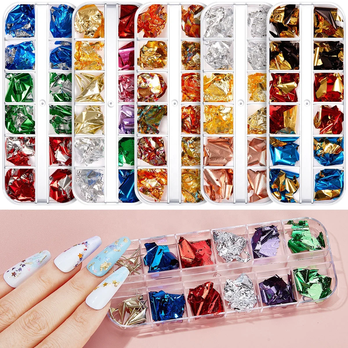 

Paso Sico Mixed Colors 12 Slots Golden Silver Colorful Foil Nail Art Decoration Slice for DIY Manicure Accessories