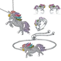 

4 Pack Unicorn Jewelry Set Rainbow Rhinestone Crystal Necklace, Bracelet, Earring and Ring for Girls Gift Set