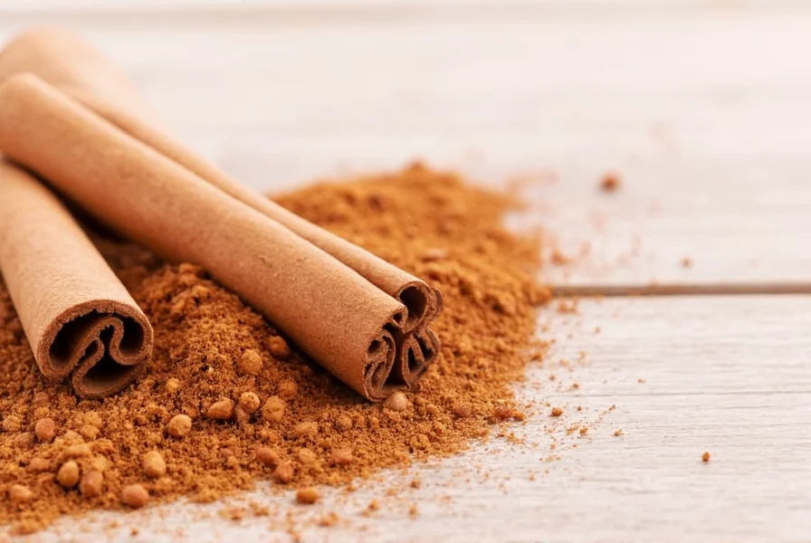 Close-up of cinnamon quills and ground cinnamon showing the texture difference between Ceylon and Cassia varieties