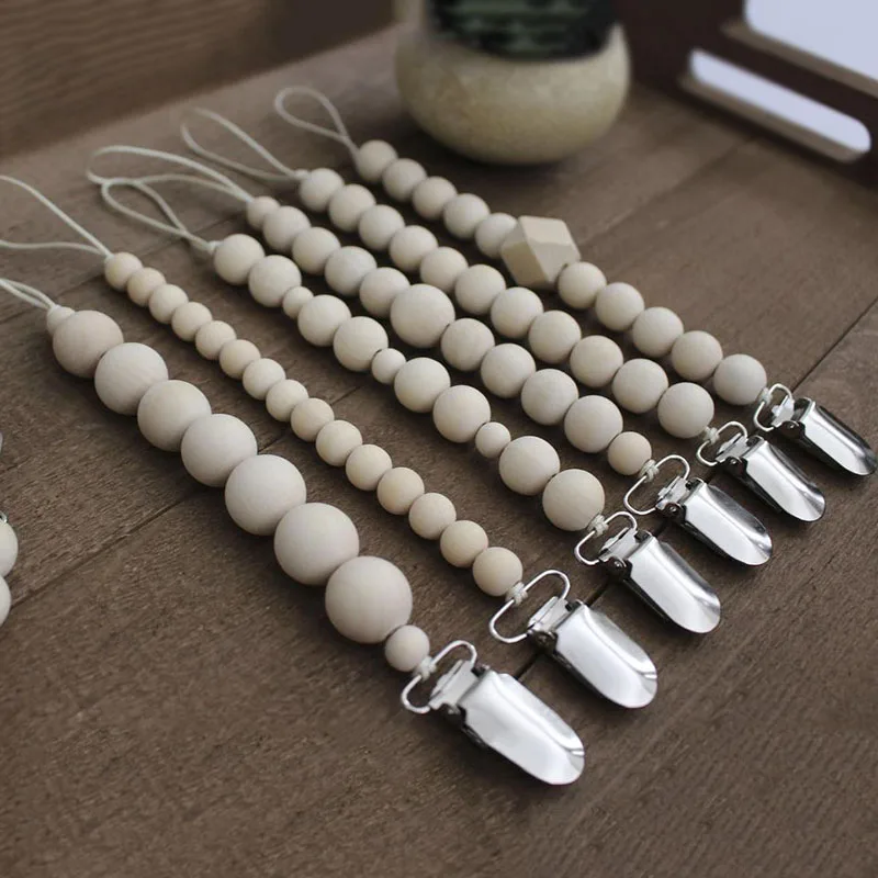 

Natural Wood Bead Baby Pacifier Clip Newborn Infant Feeding Dummy Clip