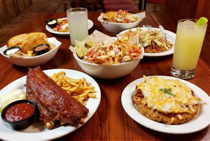 Chili's signature dishes display including Baby Back Ribs, Queso Fundido, and margaritas on a wooden table