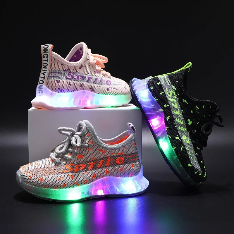 

Wear-resistant Rubber Sole Baby Casual Shoes Laced Luminous Sport Shoes For Kids