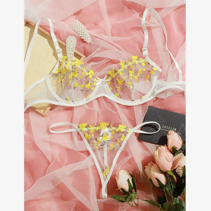 

New Yellow Floral Back Closure Sexy Lingerie Brief Bra Panty Set