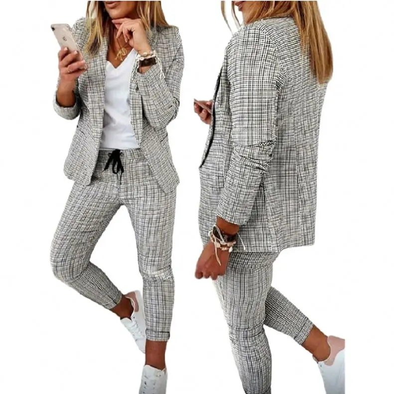 Samcci C8202 Hot Selling Custom Logo Plaid Ladies Suits Set For Women Pants And Blazer Set For Ladies Two Piece Pants Set Women