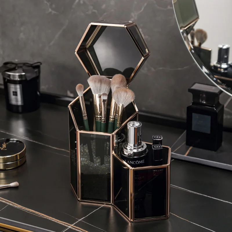 

Custom Logo Luxury Black Glass Makeup Brush Storage Holder With Cover Girl Gift Combination Cosmetic Brush Holder