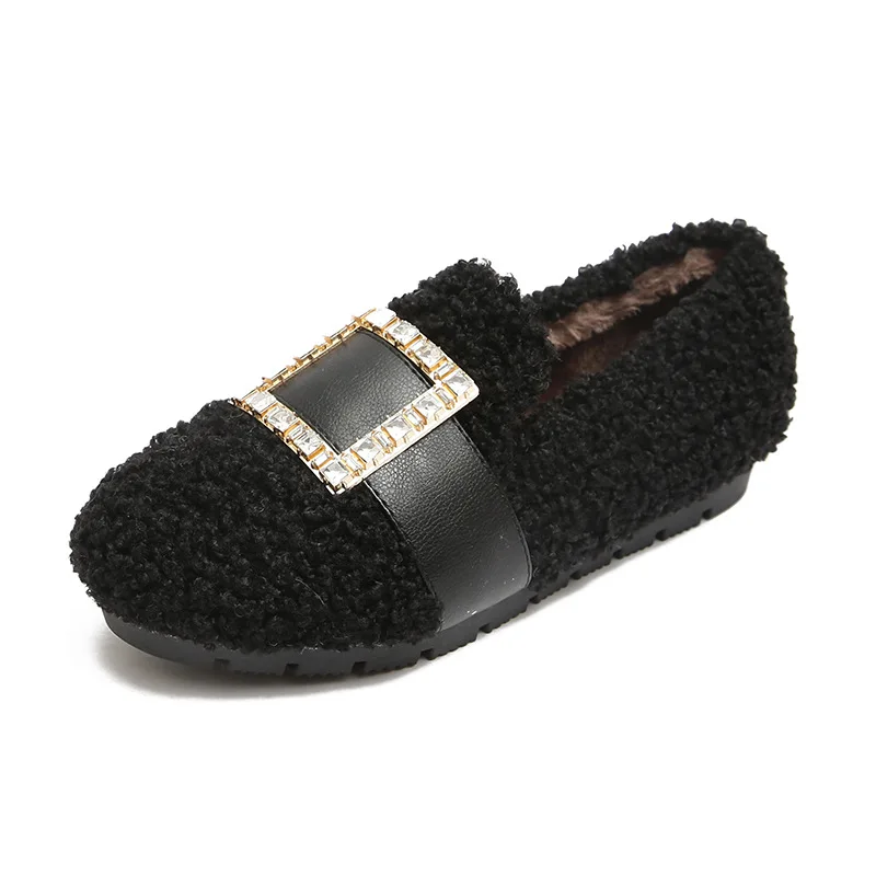 

Wholesale Diamond Buckle Design Lamb Wool Upper Women Loafers Shoes for Walking, Black/beige/khaki