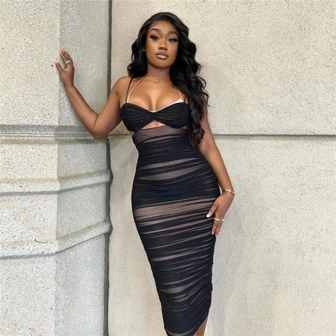 

GE1124-summer 2021 solid color ruffle mech slip dresses sexy hollow out bodycon midi dress for women