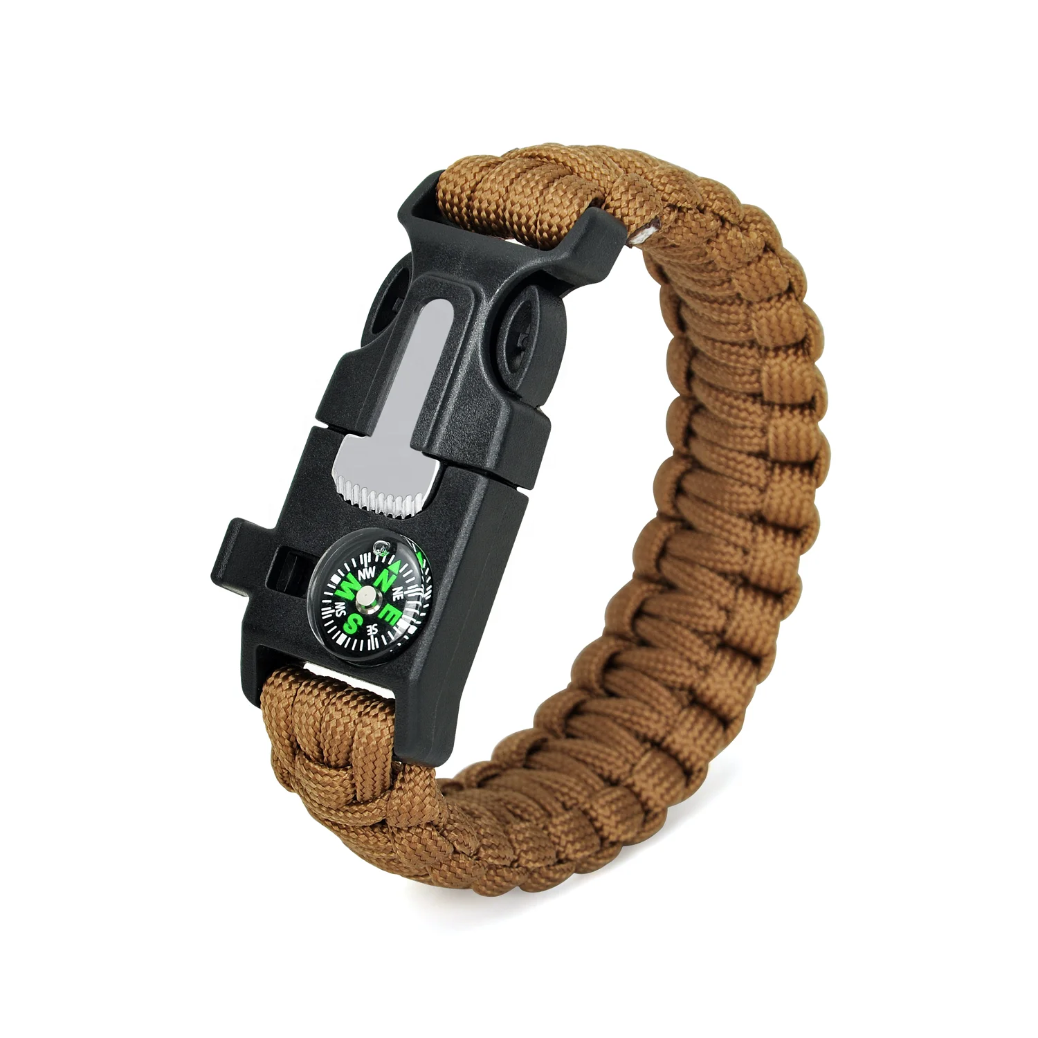 

Survival Paracord Bracelet With Fire Starter Whistle Compass-Brown