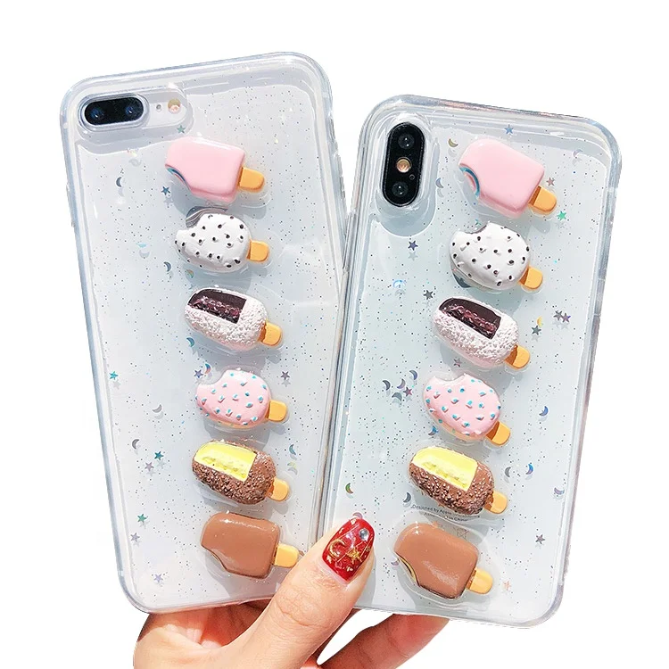 For iPhone Girl Cases Bling Summer Epoxy 3D Ice Cream Pattern Transparent TPU Phone Case Glitter for iPhone XS