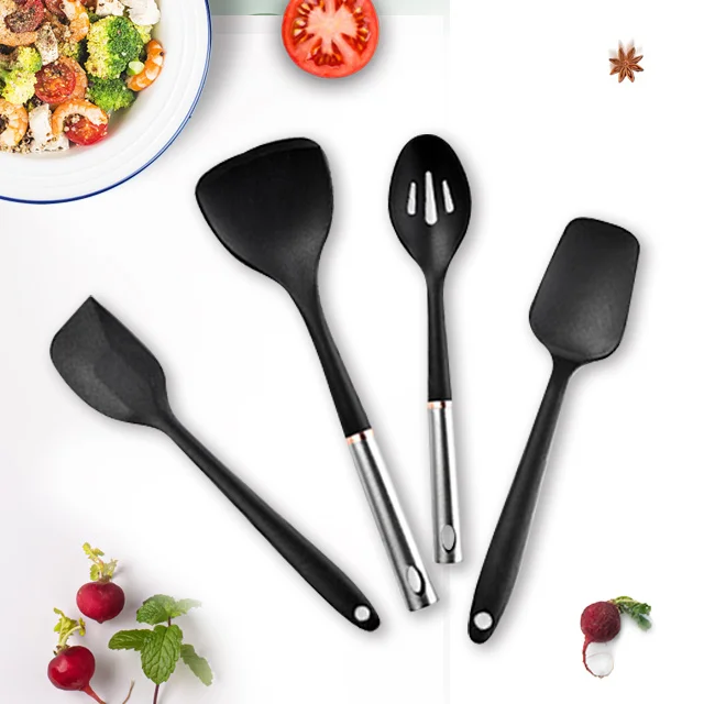 

14 pcs of Silicone Carbon steel Kitchen Utensils set Food grade Silicone kitchenware set, Black or custom color