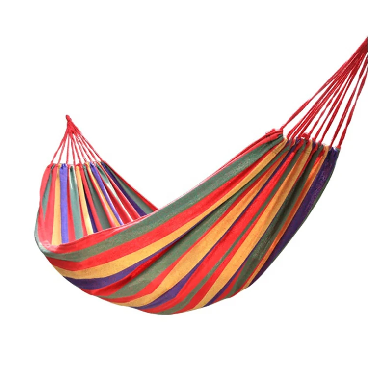 

Portable outdoor indoor cotton color strip canvas single person swing hammock, Blue, red