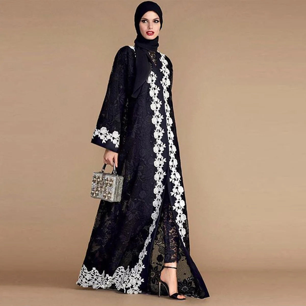 

1614MuslimQLO Middle Eastern lace Dubai Islamic Turkish cardigan ankara women islamic clothing kimono abaya, Black