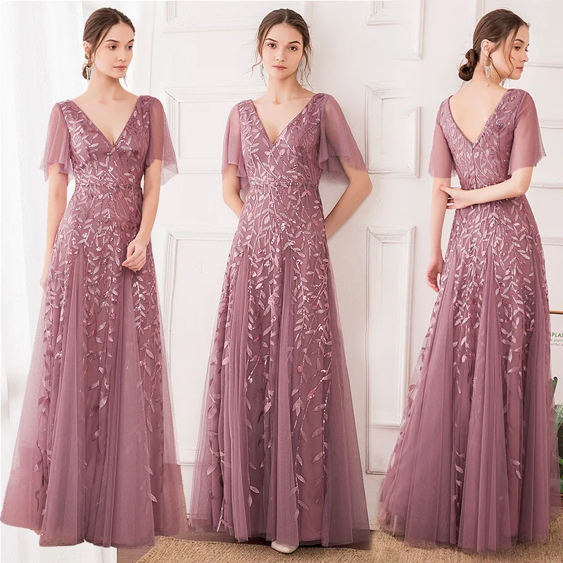 

Wholesale Women Fashion Flare Short Sleeves A Line Slimming V Neck Floral Embroidered Wedding Bridesmaid Dress, Picture color