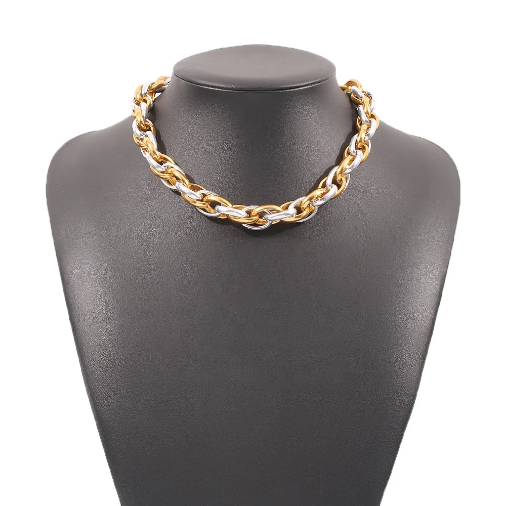 

Ziming Punk Hip Pop Style Mixed Plating Color Twisted Rope Nightclub Choker Necklace Braided Metal Chain Short Necklace, Rhodium,gold