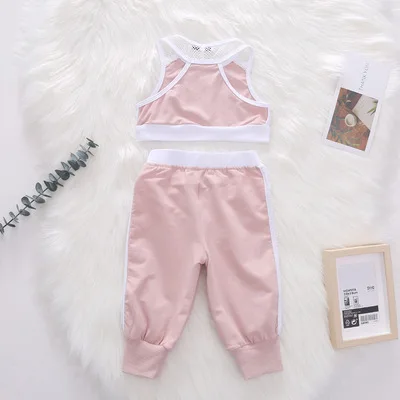 

F40990A cotton sport mesh vest pure color knit stretch pantsuit casual baby girls clothing sets kid clothing set, As picture