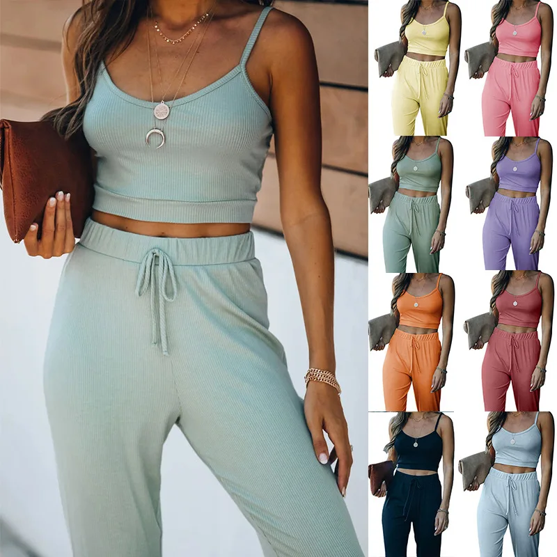 

Fashion summer Outfits women clothes Leisure home solid color short sling trousers sports suits 2 piece pants set