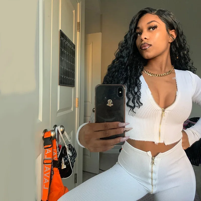 

Zipper Ribbed Long Sleeve Two Piece Sets Top And Pants Fall Fashion 2020 Women Clothing V Neck Sports Casual Bodycon Outfits, White,pink,black,khaki,green