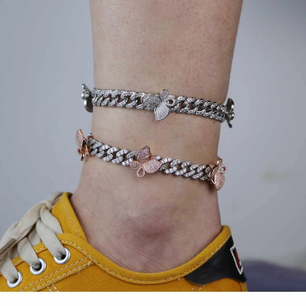 

2021 Women men hip hop BUTTERFLY charm Foot Jewelry Anklet Bracelet For Women Cuban Link Chain leg Anklet Bracelet jewelry