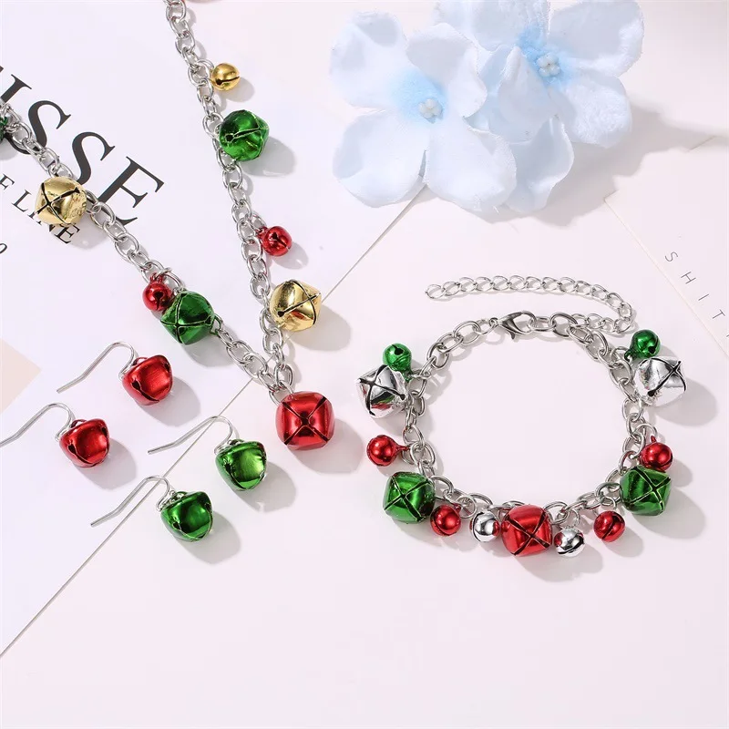 

European and American New Christmas Necklace And Earrings Set Jewelry Colorful Bell Necklace Bracelet Earrings Christmas Jewelry