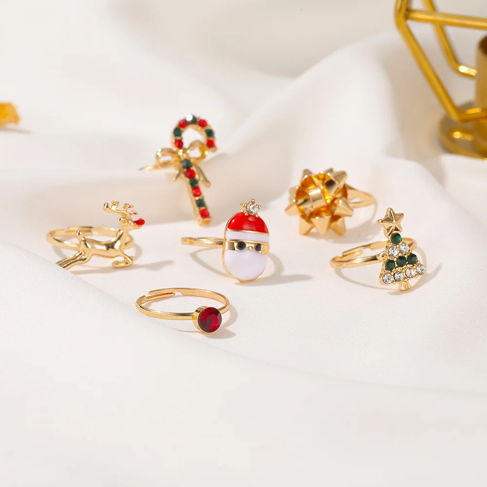

Christmas Ornaments Cute Cartoon Elk Christmas Tree Ring 6 Set Of Drip Opening Adjustable Ring Jewelry