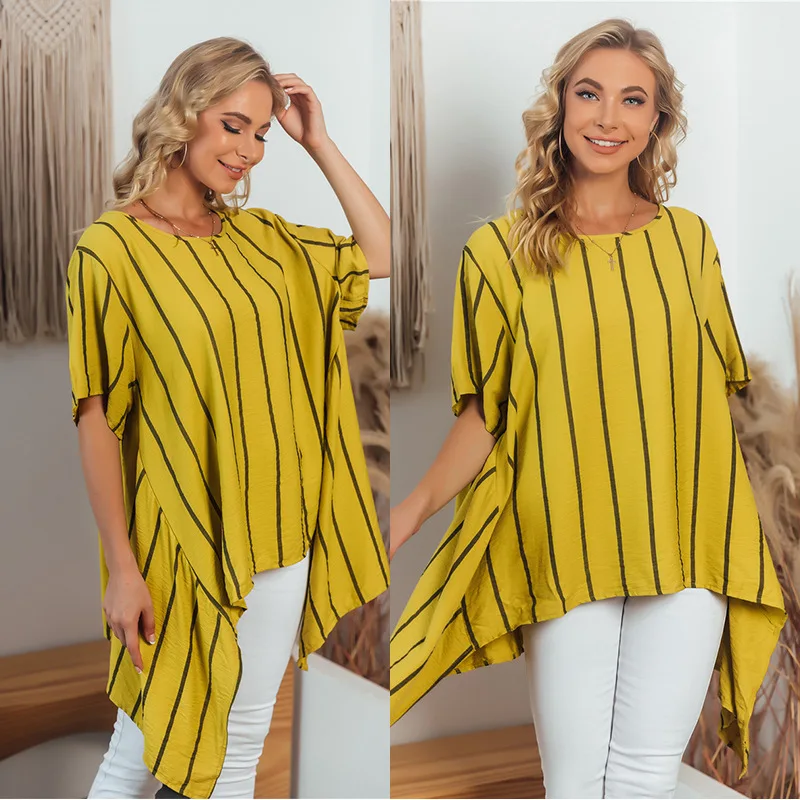 

Hot Sale Original Design Striped Women's Shirt Tops Cross-border Irregular Short Sleeve Women Long T Shirt, Different colors and support to customized