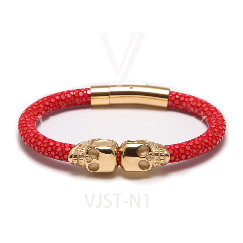 

Viya Jewelry DHL Free Shipping Wholesale Genuine Stingray Leather Bracelet With Twins Skull Bracelet