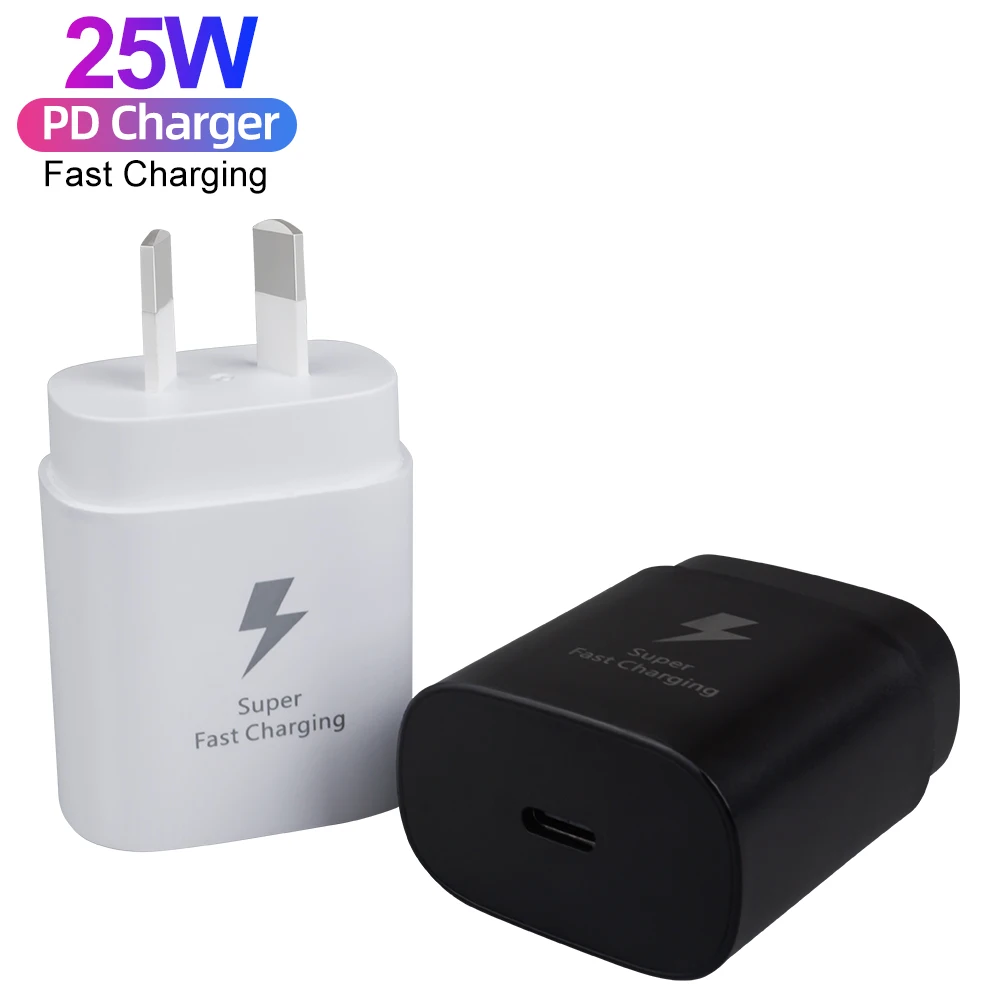 

Original 1:1 High Quality AU Plug PD 25W Fast Charging Type C Port USB Wall Charger For Samsung S21 Galaxy Note10 Charger, Black/white