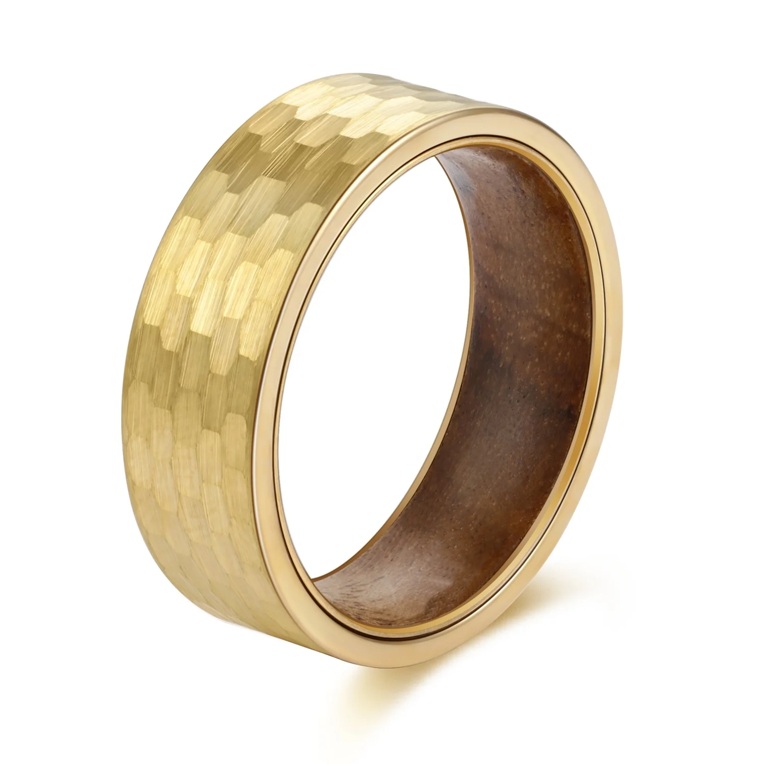 

POYA Hammered Tungsten Ring Men's 8mm Gold Plated Wedding Engagement Band Koa Wood Inside Comfort Fit, Customized color