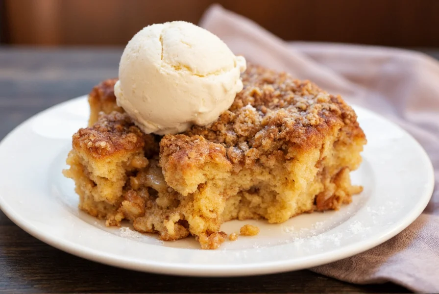 Freshly baked cinnamon apple cake with streusel topping on a white plate, golden brown crust with visible apple slices, served with a scoop of vanilla ice cream