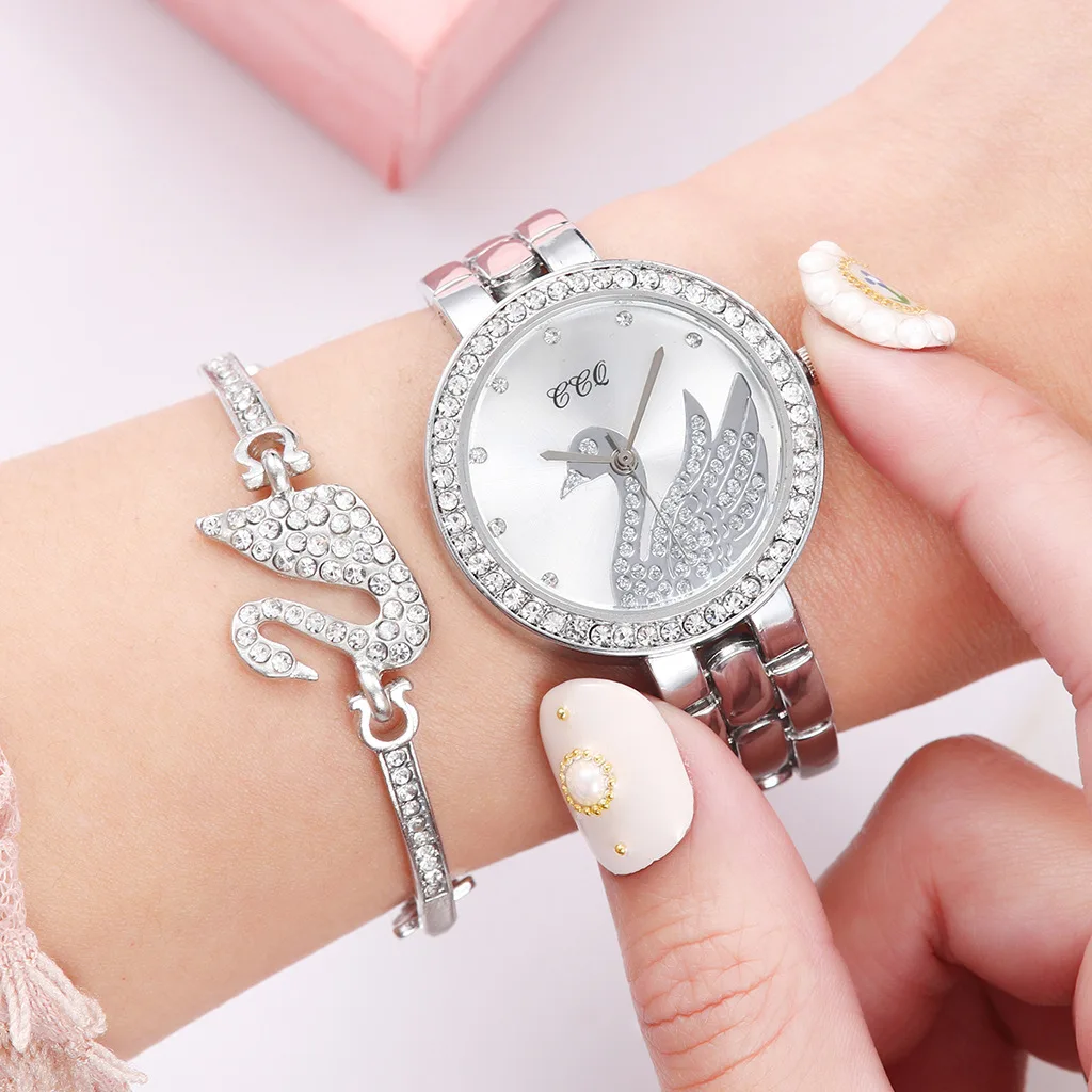 

2021 wholesale custom your brand fashion quartz luxury women Wristwatch swan bracelet Watches set for ladies