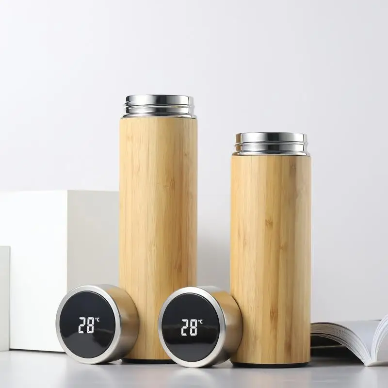 

450/500ml Creative Bamboo Mugs Smart Thermos LED Touch Temperature Display Stainless Steel Water Bottle Custom Business Gift Cup