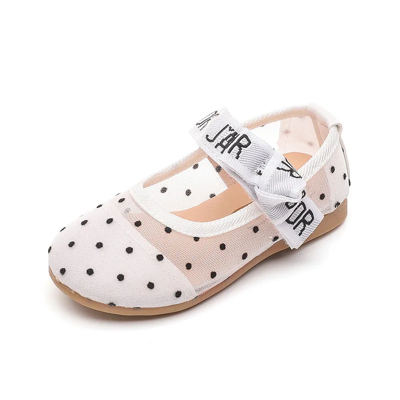 

KD9026 ITEC kids princess party tulle polka dots children casual outing baby girl shoes flats, White,black