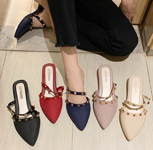 

Hot Sale Summer Women Slippers Leisure Female Pointed Toe Rivet Sandals Flat Slippers, Black,apricot,red,blue,pink