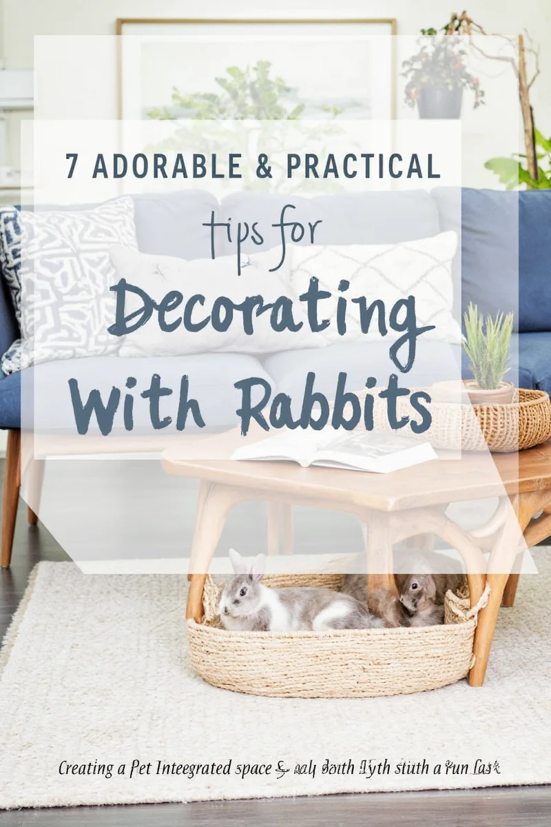 A fully decorated living room with integrated rabbit zones, including shelves, hideouts, tunnels, and a disguised litter box. Two happy bunnies explore the space together.