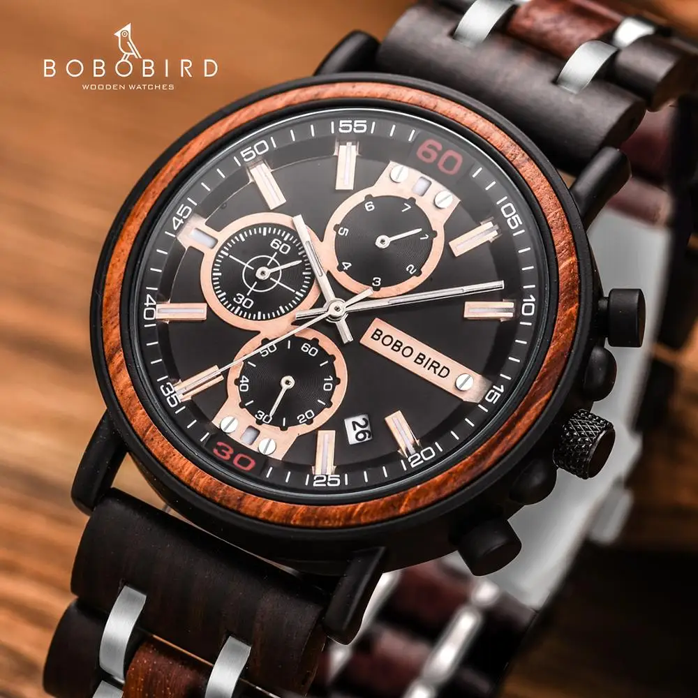 

BOBO BIRD Red Montre Homme Stainless Steel Wood Watches Stop Function Mens Top Brand Luxury Watch with OEM Custom logo