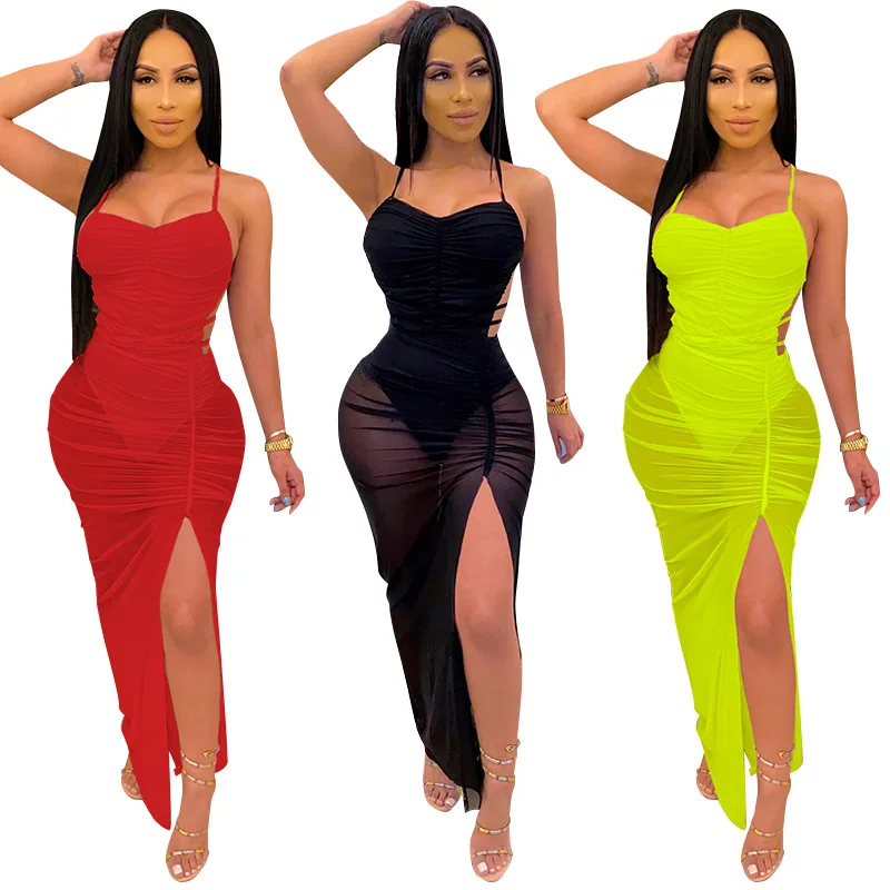 

B54205A New product women sexy v neck fashion pure color sexy slit dress, Red/black/green