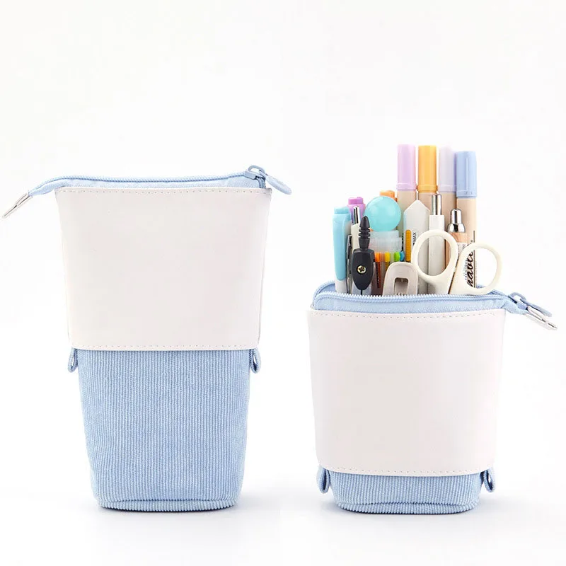 

Pop-up Large Capacity Pencil Case Kids PU Retractable Stationery Holder Corduroy Pen Bag Pouch Standing Up Telescopic