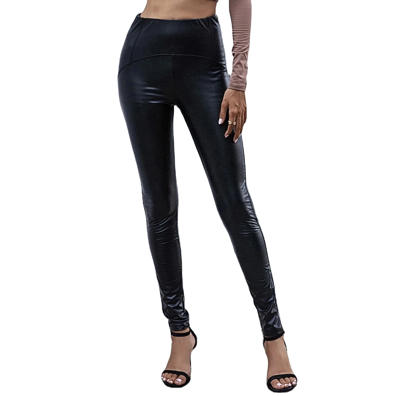 

Casual Pencil high waist Pant Women Faux Leather fashion PU Sashes Long Trousers, Black/custom