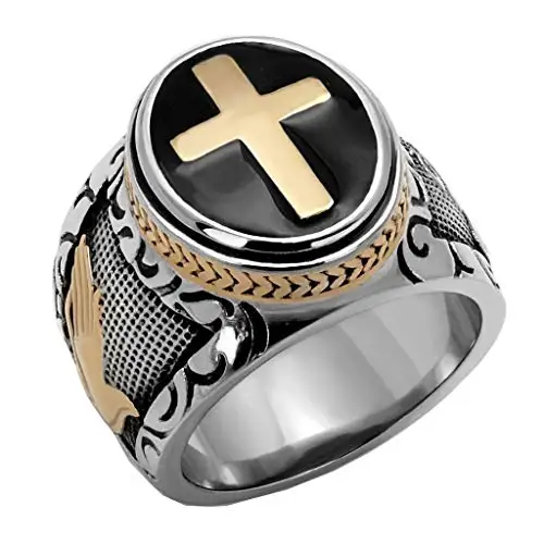 

Stainless Steel Men Black & Silver Christian Holy Cross Prayer Ring Catholic Religious, Gold.silver.black