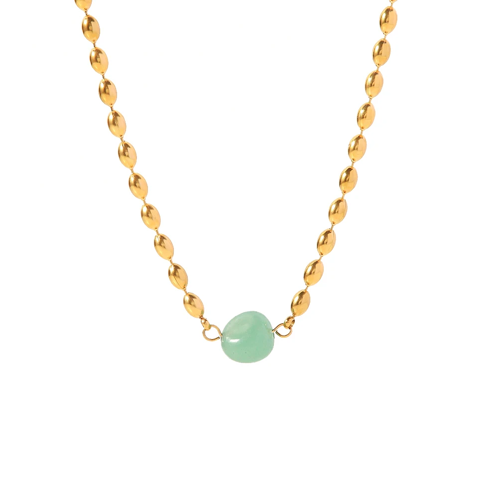 

Stainless Steel 18K Gold Plated Jewelry Green Natural Stone Oval Golden Bead Necklace for Women