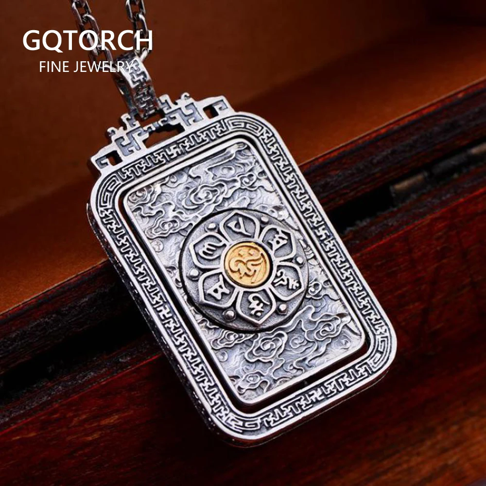 

925 Sterling Silver Talisman Pendant Rotatable Men's Thai Silver Mantra Buddhism Jewelry Six Words Engraved Stamping Tags