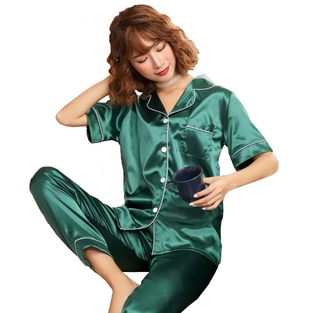 

7 Colors Long-Term Pajamas Set Short-Sleeved Trousers Pure Color Two Piece Simulation Silk Women Pajamas, Red/black/silvery/champagne/pink/blue/purple/green