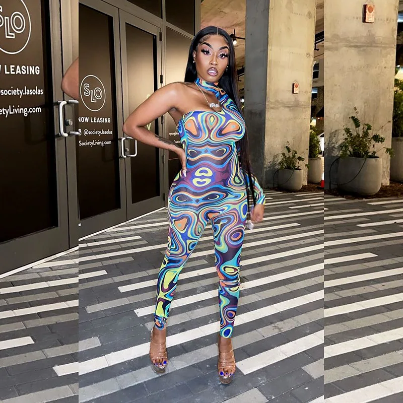 

Fall 2021 women clothes New Printed One Shoulder Tie-dye Long Pants Bodysuit Outfit For Women