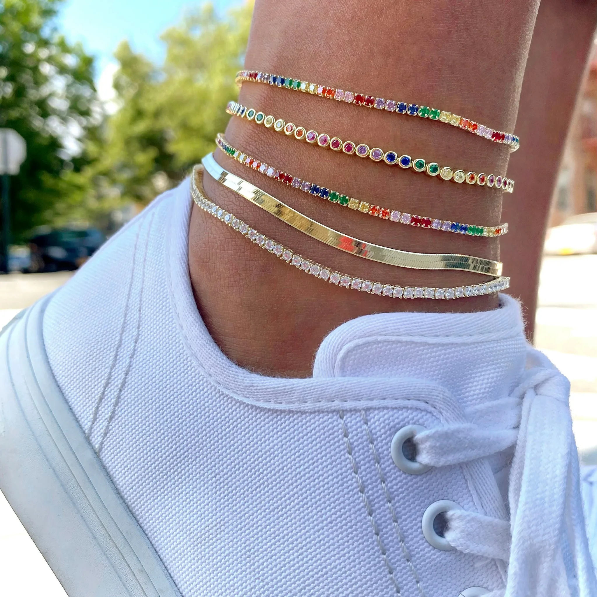 

2021 fashion summer foot jewelry rainbow cz zirconia tennis chain anklet for women lady, Gold