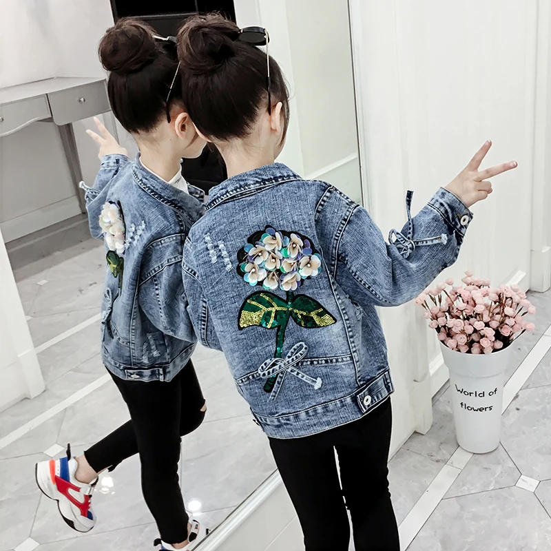 

Wholesale fashion girls denim jacket children 2019 new jeans jacket girls embroidery casual clothes, Blue,black