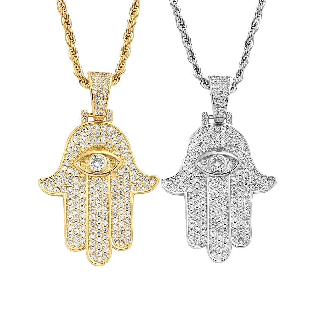 

Hot Gold Iced Out Hand of Fatima Eye Pendant Hip Hop Jewelry Diamond Hamsa Necklace for Women Men, Gold/silver/two tone