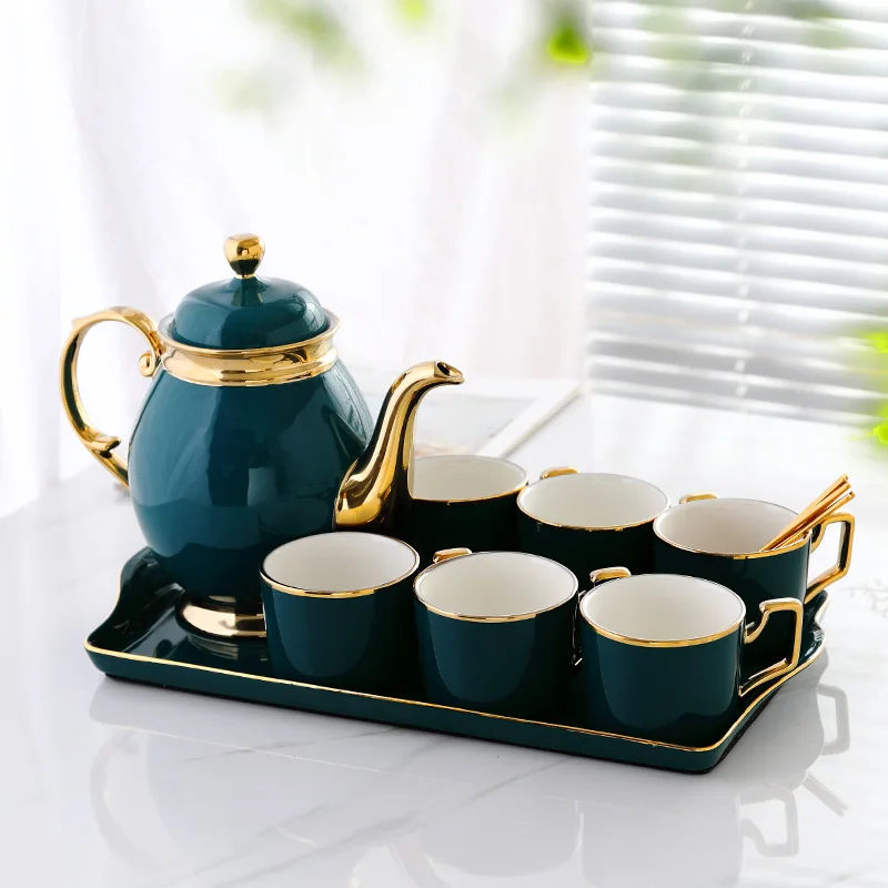 

Nordic Style Green Gold Blank Stoneware Creative Personalised Porcelain Mug Spoon Saucer Kettle Set